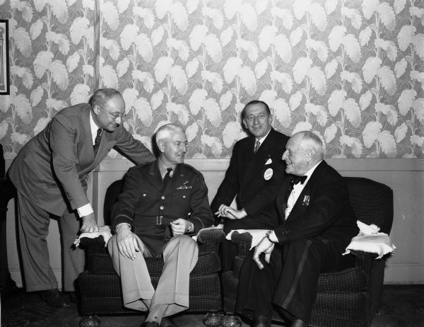 Shown left to right at the founding of the Military Order of World Wars, Madison Chapter, are: Col. Herbert P. Schowalter, West Bend, president of the Wisconsin Reserve Officers Assn.; Brig. Gen. F.D. Butler, commanding general, Camp McCoy; Lieut. Edward Reichert, Oshkosh, state commander of the Military Order; and Col. William F. Lorenz, Madison, director of the University of Wisconsin Psychiatric Institute.