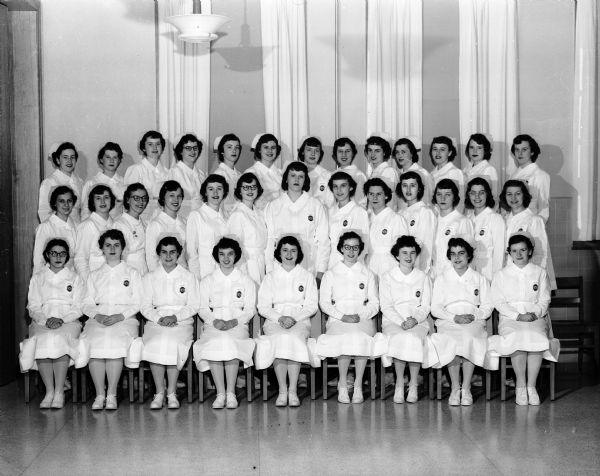 Capping ceremonies for the 35 members of the 1952 graduating class of St. Mary's Nursing School was held Sunday at 2 p.m. in the hospital chapel at 729 South Brooks Street. Pictured are the 35 graduates and their names and hometowns.