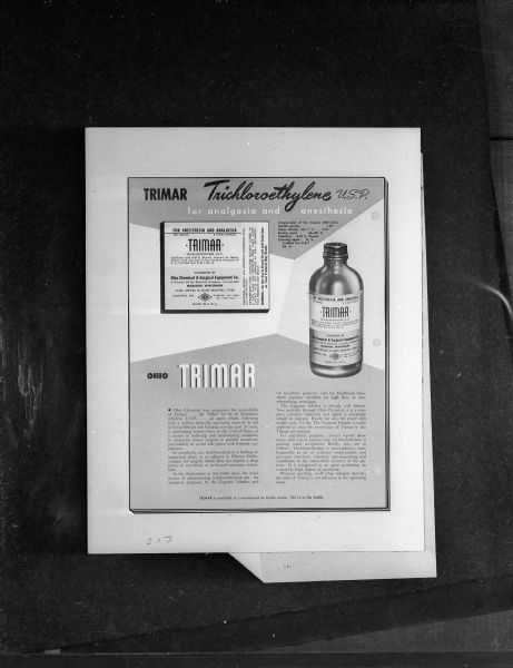 Advertisement mock-up for TRIMAR Trichloroethylene, distributed by Ohio Chemical and Surgical Equipment Company of Madison.