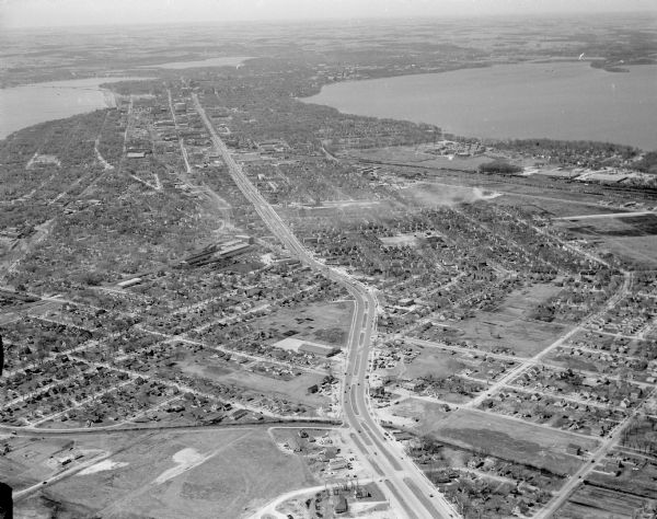 Aerial view of Madison looking toward the capitol building from over East Washington Avenue and Commercial Avenue. Other images in this set look toward the north and northeast.