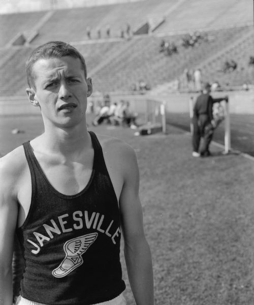 Outstanding stars of the 56th Annual WIAA track meet. 
Loren Clark, of Janesville took first place in the broad jump and added a third place in the 120-yard high hurdles.  He accounted for 8 of his team's 11 points.