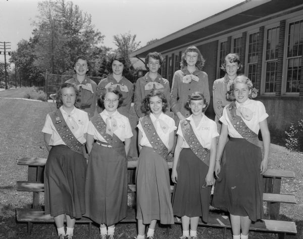 Ten members of Girl Scout Troop No. 42, Nakoma School, received curved bar awards at a court of honor. First row, left to right, are: Judy Dale, Jean Anne Gehner, Carol Culver, Beth Knope and Barbara Brown.  Back row, left to right, are: Pat Thomas, Sandra Aronin, Susan Stauffer, Joanne Evenson and Deanna Wesenberg.
