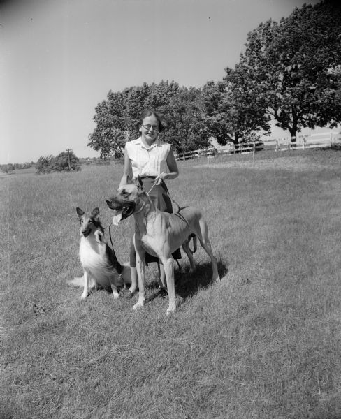 Lois McManus with her dogs, "Peggy," a collie and Dexter, a great Dane. The dogs will be competing in the Badger Kennel club dog show.