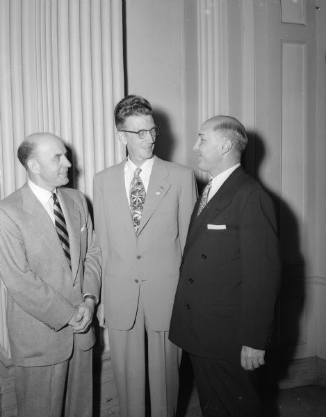 Officers of the Phillips Petroleum Company, left to right:  Paul Endacott, Bartlesville, Oklahoma,  president of the firm; George W. Kieffer, chairman of the Madison Men's club; and Stanley Learned, executive vice-president, Bartlesville Oklahoma.