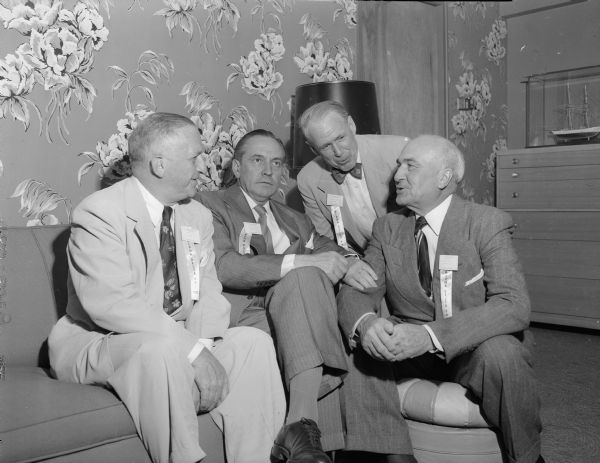 Three Bickel brothers are shown with classmate Norman Bassett at an Alpha Delta Phi fraternity reunion. Left to right are: John Bickel, Norman Bassett, Frederick Bickel (aka Frederick March, the actor), and Harold Bickel.