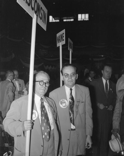 Portrait of Senator Bernhard Gettelman, Milwaukee, left, and Frederick H. Holtz, Milwaukee, both Warren delegates on the convention floor at the Chicago Republican National Convention.
