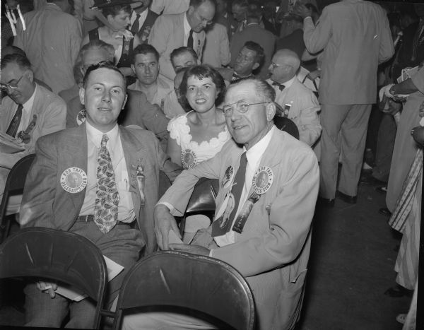 Group portrait of three Wisconsin supporters of Robert A. Taft at the Republican National Convention in Chicago. They are Charles J. Zepp of Alma, Joyce Larkin of Eagle River, and John A. Radlund of Prairie du Sac.