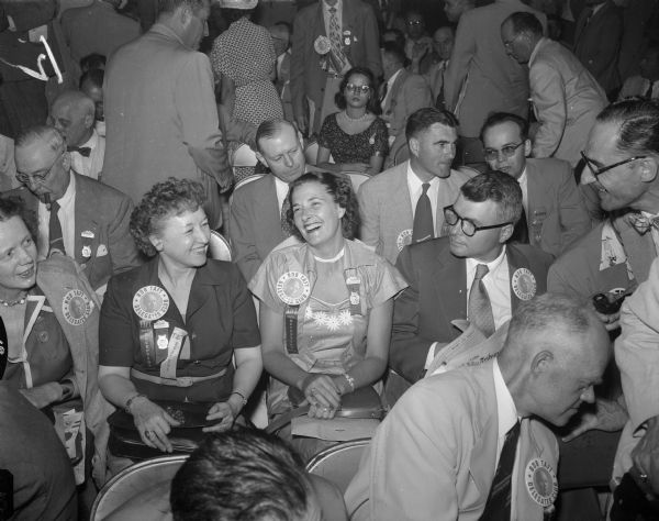 Two Wisconsin supporters of Robert A. Taft sit in the crowd at the Republican National Convention in Chicago. On the left is Mrs. Dorothy Kohler of Kohler, sister-in-law of Governor Walter Kohler. On the right is Mrs. Edith Ward of LaCrosse.