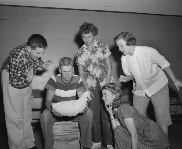 Youth rehearsing for the Summer Theater show, "The Golden Goose," are, left to right: Mike Kretschman, Donald Aitken, Jr., Carol Ann Lane, Ann Eccles, and Maggie Goldsmith. The play will be presented at various city playgrounds during the summer.