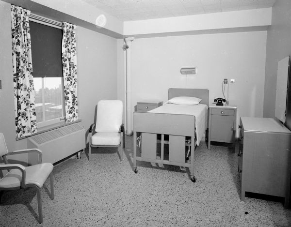 Interior view of a private furnished room in the new addition to Madison General Hospital. 196 beds are being added to the hospital's capacity.