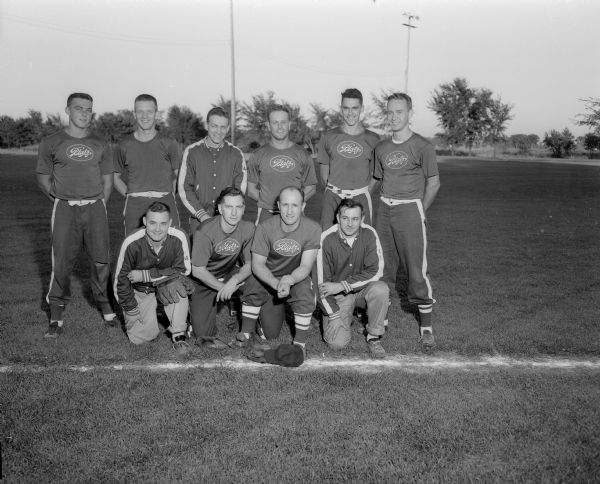 Group portrait of "Blatz" softball team.