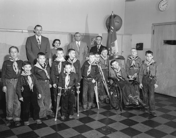 Three Boy Scouts and seven Cub Scouts of the Washington Orthopedic School received awards in the advancement ceremonies held at the school. Tenderfoot rank was conferred upon the Boy Scouts and Bobcat Awards were given to the Cub Scouts. The West Side Business Men's Association sponsors the Scout Troop 14 and Cub Pack 314 at the school.
