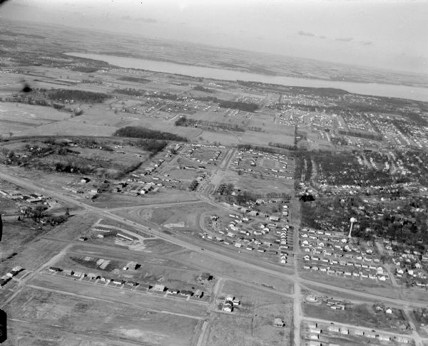 Aerial photo of the Crawford Heights area of Madison, showing the West Beltline Highway, Nakoma road, Verona Road, Hammersley Road and the Vinkingtown Motel.