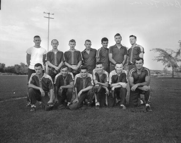 Group portrait of the Bob Cooper Glass Softball Team in uniform.