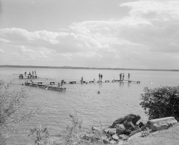 View of the pier at B.B. Clarke on Lake Monona, scene of the Madison city swim meet.