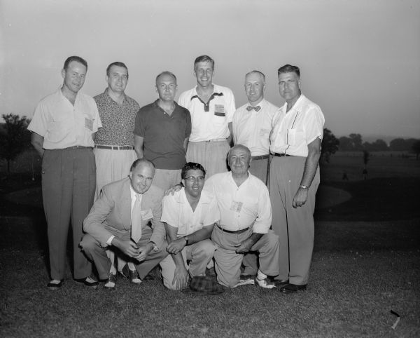 Shown are 9 of the 140 golfers who captured honors during the Madison Service Clubs' fourth annual golf outing at the Nakoma Golf Club.  Pictured left to right in the back row are: Dean Johnson, Jack Mackaben, Dr. William Luetke, Dick Stark, and Al Mickelson. Left to right in the front row are: Jim Geisler, Harold Poast, Burt Luhman, and Max Stuben.