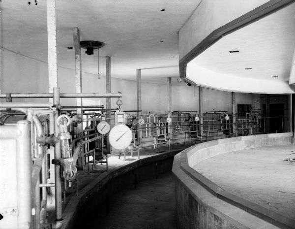 Interior view of the Bowman Dairy Farm milking parlor.