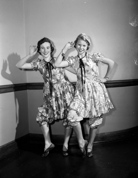 Connie Platz (left) and Betsy Graham practice their dancing act for the variety show sponsored by the Order of Rainbow for Girls to be held at the Masonic Temple. Proceeds from the show go to the Shriners Hospital for Crippled Children in Minneapolis.