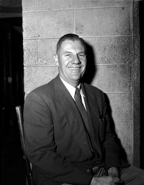 Portrait of Earl Wilke at a testimonial dinner commemorating his 25th year as Edgewood High School's first athletic director and coach. He started his employment at Edgewood in 1929.