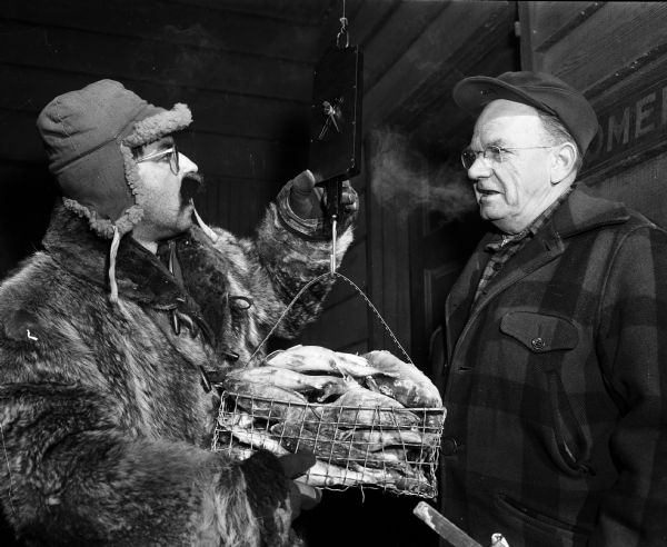 Oscar Lochner (right) watching a committee member wearing a fur coat and hat weighing his catch.