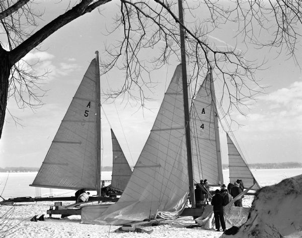 Iceboats prepare to race in the Hearst Cup Challenge on Lake Monona. From left are the iceboats "Fritz," "Mary B." and "Dutchman."
