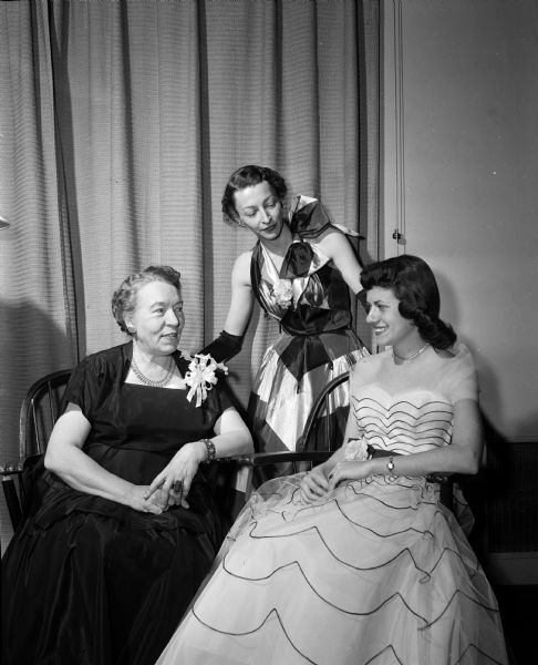 Women attend the annual Matrix Banquet at University of Wisconsin, sponsored by the Theta Sigma Phi journalism sorority. They are, from left: Anne Guthrie, main speaker; Fannie Taylor, advisor to Theta Sigma Phi; Jo Drager, President of UW Chapter of Theta Sigma Phi.