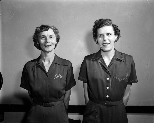 Portrait of Dolly Higbie (left) and Lillian Schroedl, Madison Woman's Bowling Association Class B title holders.