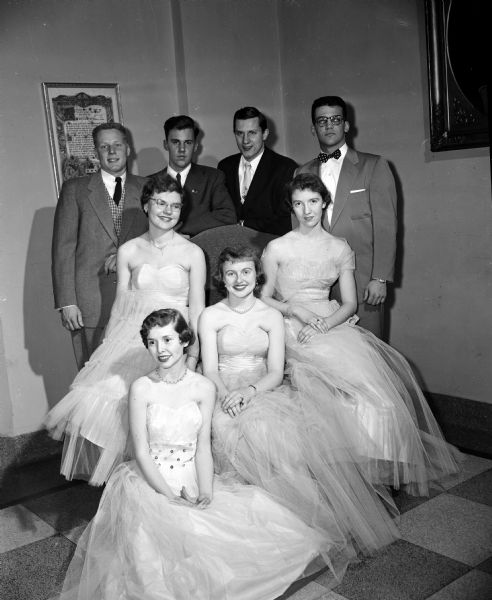 Group portrait of the "royal family" for the spring semi-formal dance of the Order of De Molay and Order of Rainbow for Girls to be held at the Masonic Temple. Left to right in the front row are Gretchen Usher, Janet Massey, Mary Lyon, Janis Stockman. Behind them are Colin Webster, Robert Dale, Leland Briggs, and William Hammill.