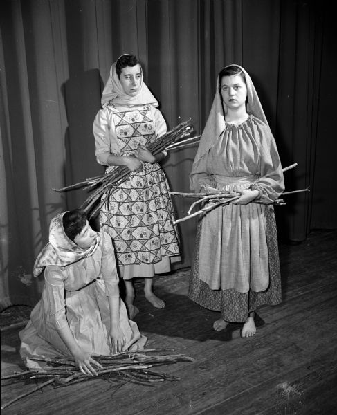 Group portrait of cast members portraying "The Song of Bernadette", a play to be presented by the senior class of Madison's Edgewood High School. Pictured from left are: Alice O'Leary, Joanne Jackson, and Elizabeth Frost.