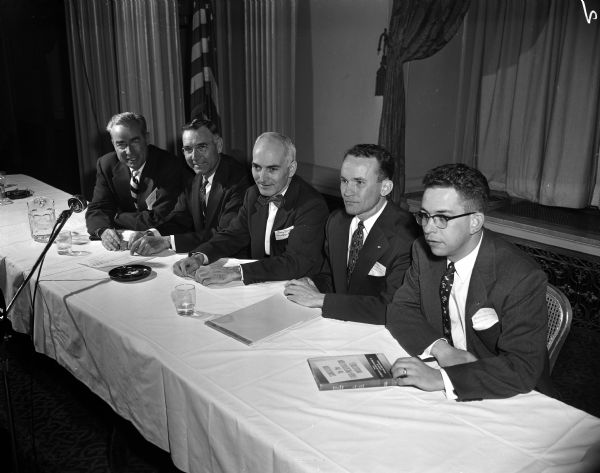 Wisconsin Canners Association Production and Technology Conference.  Panel discussion on canning plant sanitation held at Loraine Hotel.  Left to right: R.H. Winters, Robert Baker, Jerry F. Dunn, Arthur E. Mudra and Richard F. Weix.