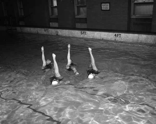 University of Wisconsin Dolphin Club swimmers prepare for a show at Lathrop Hall, practicing their performance positions in the water.