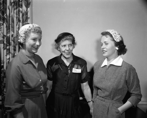 Madison women interested in writing get together to talk over their work at the Ladies of the Press Breakfast.  Left to right are Mrs. Frank (Gladys) Dean, Emma Glenz and Mrs. John (Mae) Taggett. The breakfast was held at the University Club on State Street.