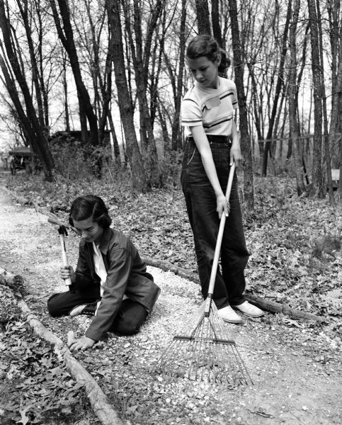 Two campers working on a trail during the seventh and eighth grade Girl Scouts play day at the Black Hawk Council's Camp Brandenburg. Lois Lischeske of Madison is using a rake while Kathy Kubista of Middleton is pounding a stake.