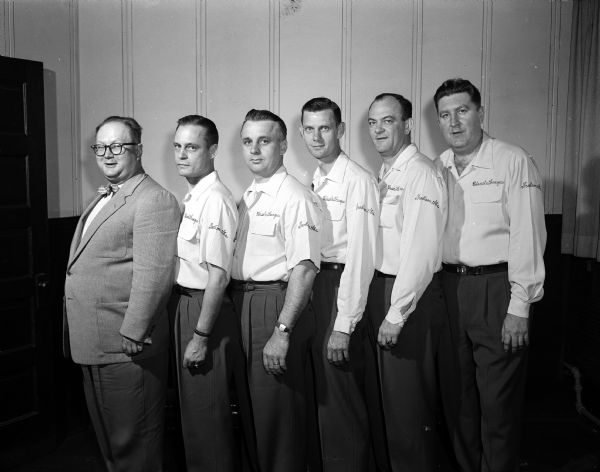 Group portrait of the Bireley's Beverage bowling team, 1953-54 champions of Madison's top bowling league. The men are, from left: team sponsor Francis Knight, Ralph Brown, Bill Lazarz, Bob Schroll, Chuck Carey, and Connie Schwoegler.