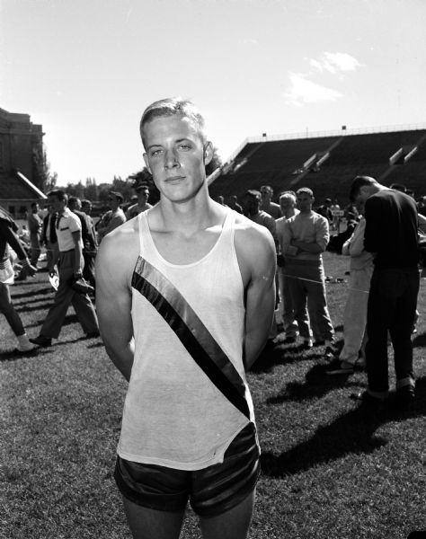 Portrait of Eric Hagerup of Dodgeville, after setting a new record in the 200-yard dash at the state high school track meet at Camp Randall Stadium.