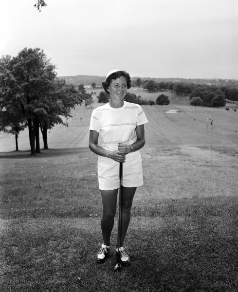 Portrait of Mrs. August (Margaret) Hundt, representative of Nakoma Country Club, in the 42nd Wisconsin Women's Golf Association Tournament held at Blackhawk Country Club in Madison.