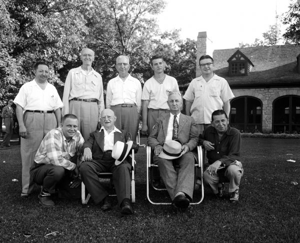 Outdoor group portrait of officials and dignitaries at the 21st annual Golf Jamboree of the Madison Bowling Association at Nakoma Golf Club. Front row left to right: Bruce Pluckhahn, Jerry Ameling, William Blau, Joe Smolen. Back row: Charlie Allen, Matt Zwank, Arthur Pischke, George Schiro, and Billy Dye.