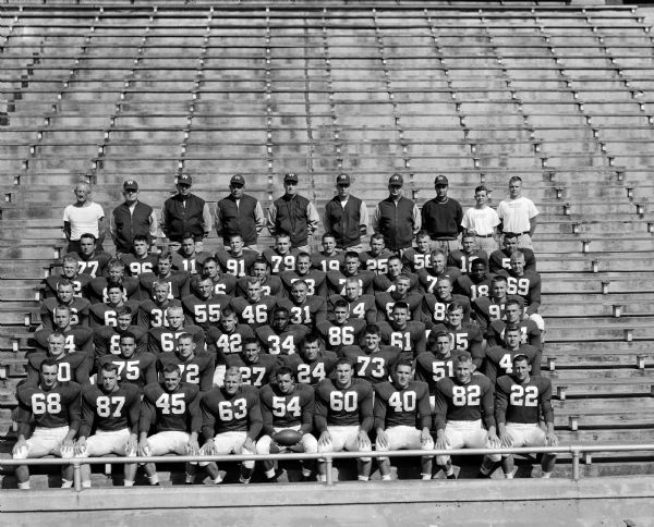Group portrait of the 1954 University of Wisconsin football team.