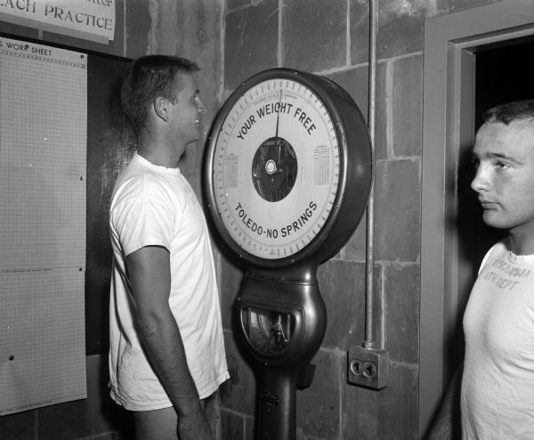 The lightest member of the University of Wisconsin football team, halfback Ken Hofer from Wallace, Michigan, weighs-in at 157 pounds.