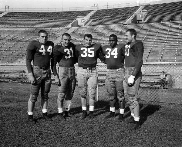 Portrait of the candidates for fullback for the 1954 University of Wisconsin football team. Left to right: Rex (44), Rosandich (31), Ameche (35), Thomas (34), and Bestor (33).