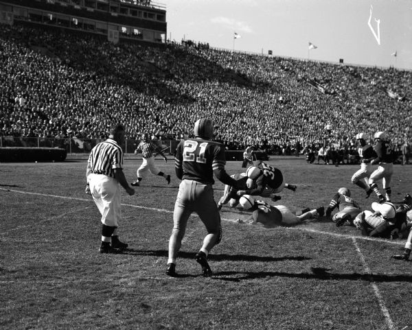 Badger fullback Alan "The Horse" Ameche blasts into the end zone for a touchdown in the football game between the University of Wisconsin and Marquette University at Camp Randall Stadium.