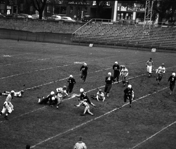 Elevated view of the Wisconsin High vs. Jefferson High School football game at Breese Stevens Field, 902 East Washington Avenue.