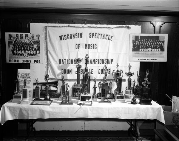 Display of 1954 national champion Four-Lakes Drum and Bugle awards.