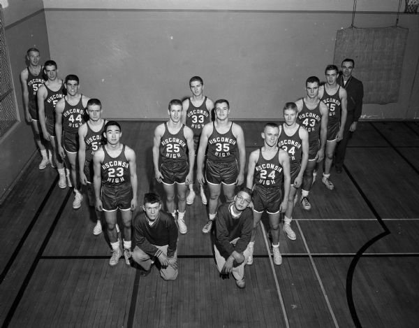 Slightly elevated team group portrait of the Wisconsin high school basketball team.