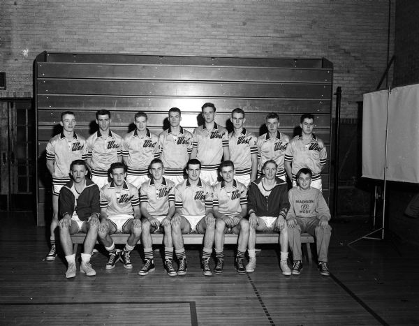Team group portrait of the Madison West High School basketball team.