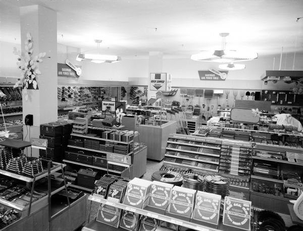 Hardware department at the new Sears store, located at 1101 East Washington Avenue, showing counters of merchandise, including Craftsman tools.