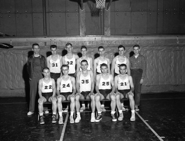 Group portrait of the Deerfield High School basketball team.