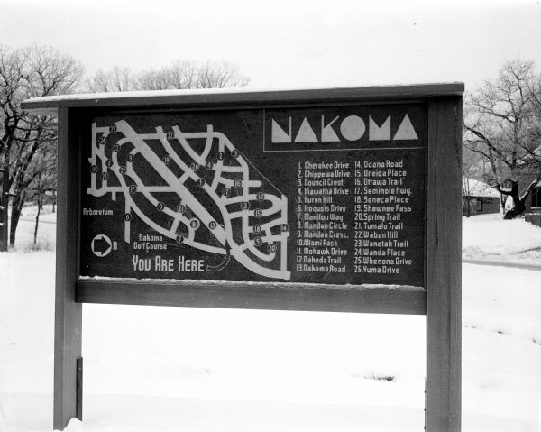 A newly-installed sign at the intersection of Nakoma Road and Cherokee Drive depicts the 26 streets of the Nakoma neighborhood.