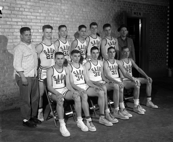 Group portrait of the Sauk City High School Cardinals basketball team.