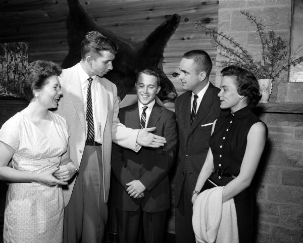 Pictured are some of the younger members of the Blackhawk Ski Club. Left to right: Mrs. Dick Jacobson, Whitewater; Dick Jacobson, Whitewater; Paul Jorgensen, Whitewater; Don Critton, Hartford, and Renate Becht, Madison.
